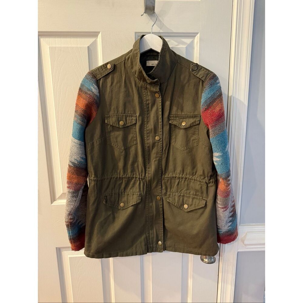 Wet Seal Y2K Olive Green Tribal Blanket Sleeve Utility Jacket sz L